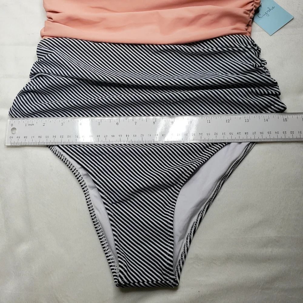 Cupshe Swimsuit One Piece Peach Black White Pinstripe Women's Medium 6/8 NWT